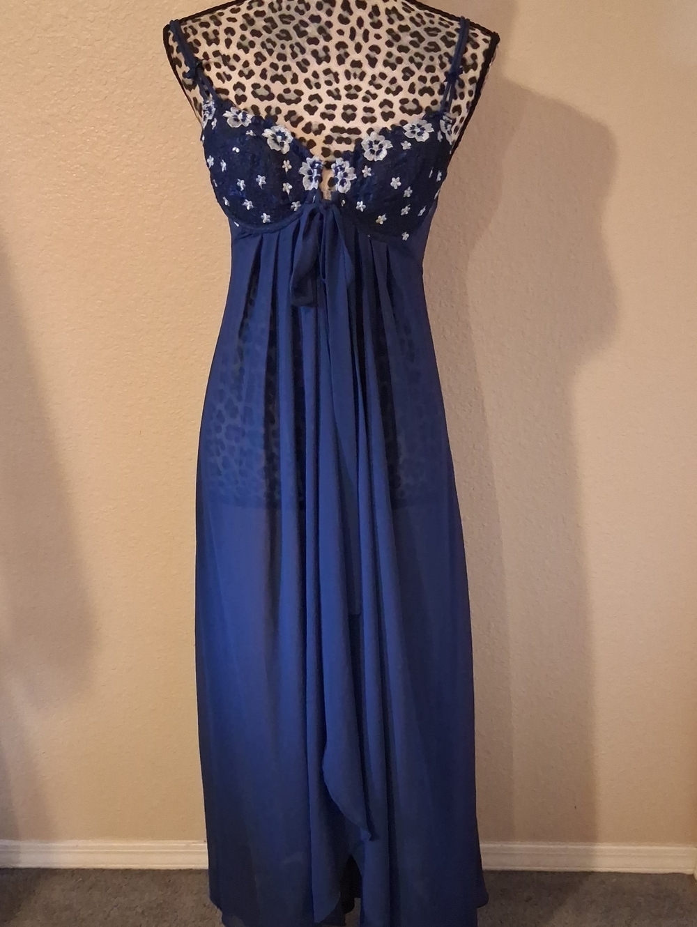 Victoria's Secret Vintage Royal Blue Sheer Chiffon-White Floral Long Babydoll(M)